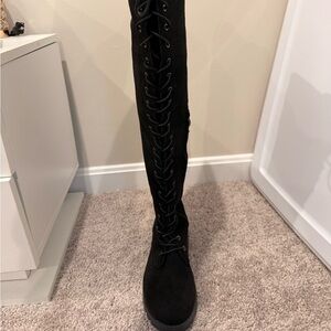 Black Lace-Up Knee-High Boots